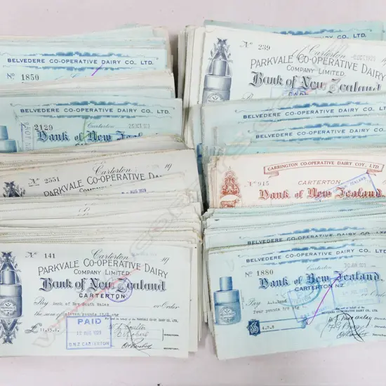 BOX OF VINTAGE NZ DAIRY CHEQUES C.1930