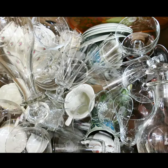 BOX LOT ASST. GLASSES, CERAMICS, 2 DECANTERS ETC