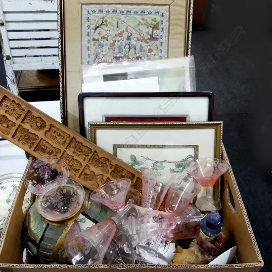 BOX LOT ASST. ORIENTAL ARTWORKS, GLASSES ETC
