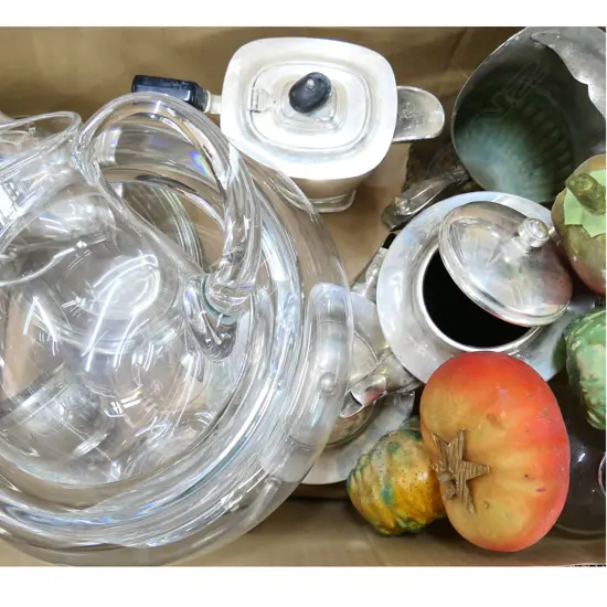 BOX LOT ASST. EPNS, LG GLASS BOWL & JUG, SYPHON ETC