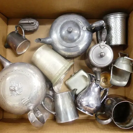 BOX SILVER PLATE INCLUDING TEAPOTS TANKARDS JUGS ETC