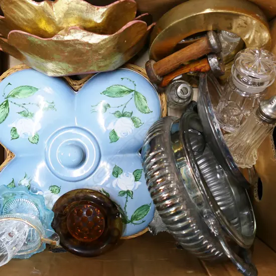 BOX LOT 2 GILT BOWLS & CONVEX FRAME, EP DISH ETC