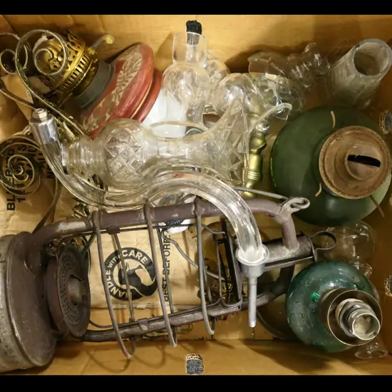 BOX LOT ASST. KEROSENE LAMPS, LANTERN, CRYSTAL ETC