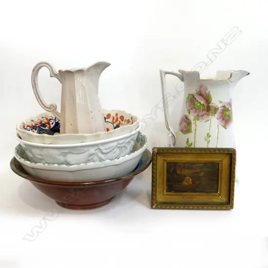 4 LG CERAMIC BOWLS 330mm dia + 2 LG JUGS H.330mm FAULTS + GILT FRAMED PRINT 70x125mm