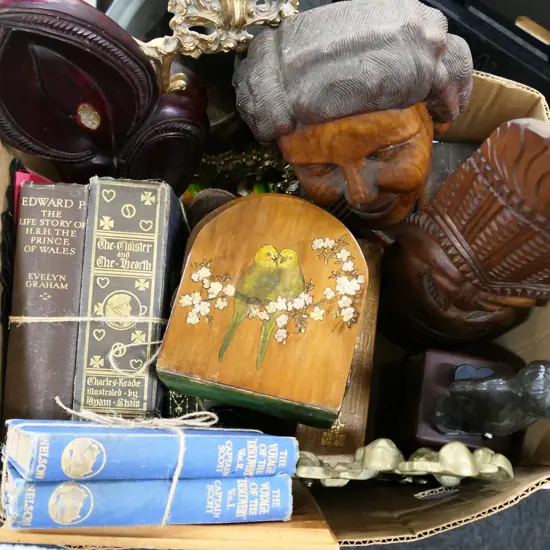 BOX LOT ASST.; WOODEN CARVINGS, BRASS FRAMES, OLD BOOKS ETC