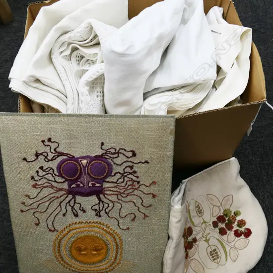 BOX LOT ASST. VINTAGE LINENS; TABLECLOTHS, NAPKIN SET, TEA COSY ETC