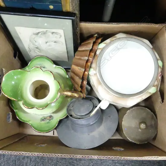 BOX LOT CERAMICS, ART, PEWTER INKWELL ETC