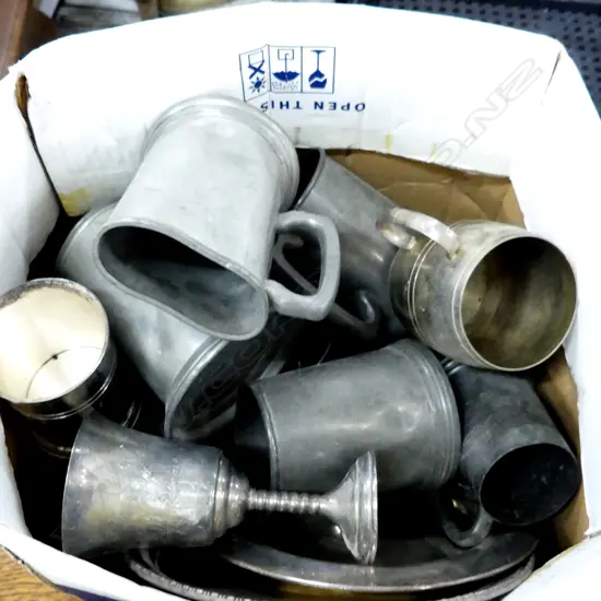 BOX LOT ASST. PEWTER TANKARDS ETC