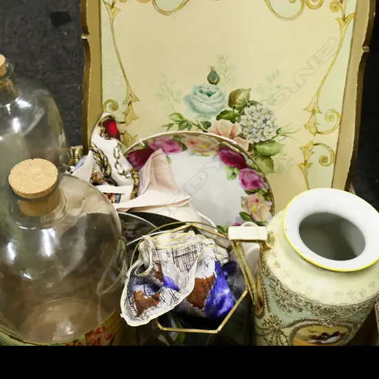 BOX LOT ASST. CHINA, DINNER TRAY, TALL VASE, 2 LG PHARMACY PERFUME DISPLAY BOTTLES, SCARVES ETC
