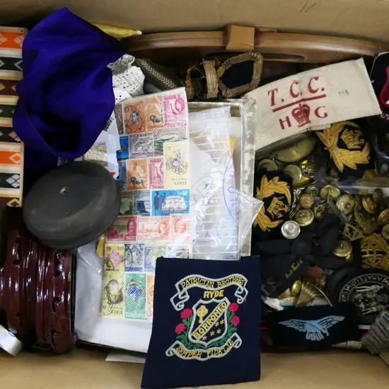 BOX LOT ASST. MILITARY BADGES & BUTTONS, STAMPS ETC