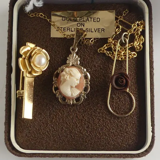 3 PCS, SML CAMEO ON CHAIN, gold plated siver & 2 BROOCHES