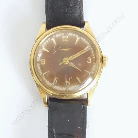 18ct GOLD LONGINES VINTAGE GENTS WRISTWATCH  bronze toned dial Working old leather strap a.f
