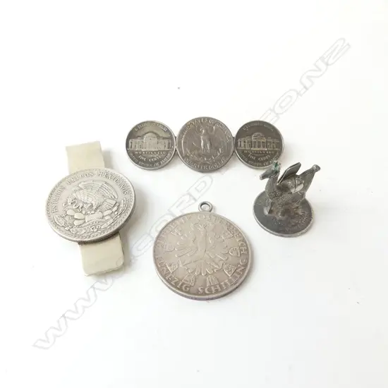 4 ASST. SILVER COIN PCES; AUSTRIAN 50 SCHILLING PENDANT, LLAMA CARD HOLDER, MONEY CLIP, 3 COIN BROOCH