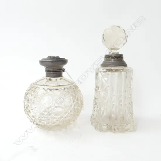 TWO VICTORIAN LARGE PERFUME BOTTLES, ONE CIRCULAR Di. 100mm OTHER QUATRAFOIL SHAPED H. 175mm faults