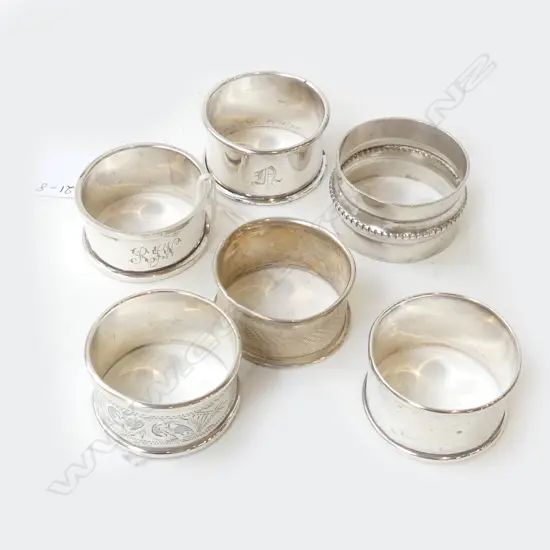 5 STG SILVER NAPKIN RINGS, 56gm & 1 SILVER PLATE 