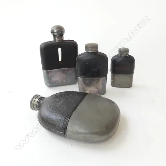 4 ANTIQUE SILVER PLATE HIP FLASKS H.150mm