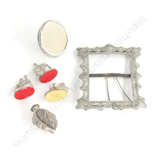 (24846) SILVER VANITY MIRROR + PLATED NAME CARD HOLDERS + FRILIGREE FRAME + SCENT BOTTLE