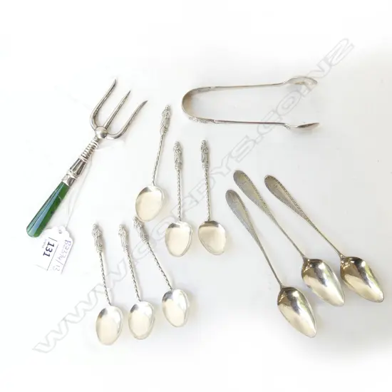 6 STG APOSTLE SPOONS, 3 SILVER TEASPOONS, SILVER? TONGS, BREAD FORK w. repaired greenstone handle