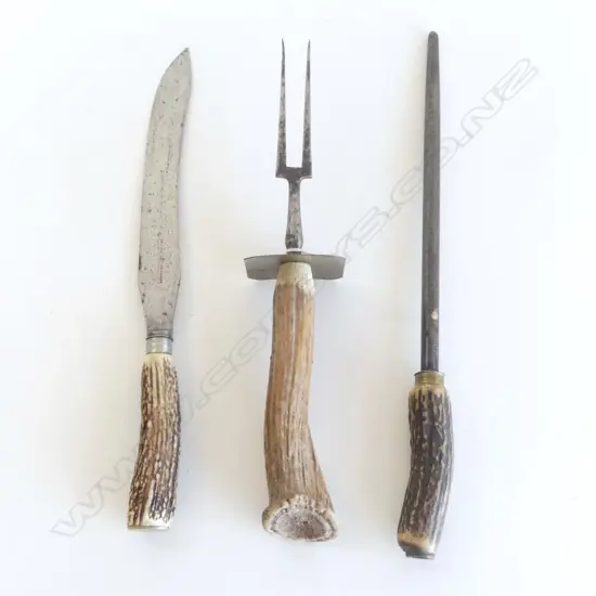 OLD SET 3 ANTLER HANDLED CARVING SET