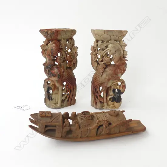 2 CHINESE CARVED SOAPSTONE INCENSE HOLDERS & DETAILED CARVED BAMBOO BOAT    