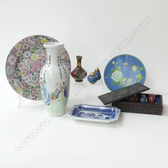 ASST. ORIENTAL CHINA; VASE (CHIPPED), CLOISONNE ETC