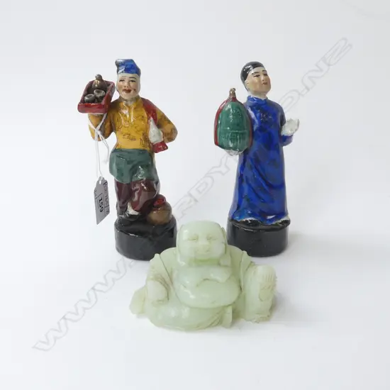 2 ORIENTAL CERAMIC FIGURES H.160mm + CHRYSOPRASE BUDDHA W.100mm