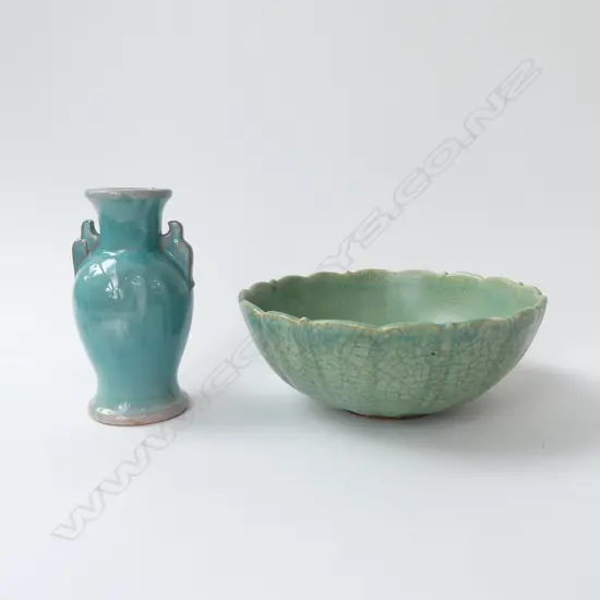 ORIENTAL CELADON BOWL 210mm dia & VASE H.155mm