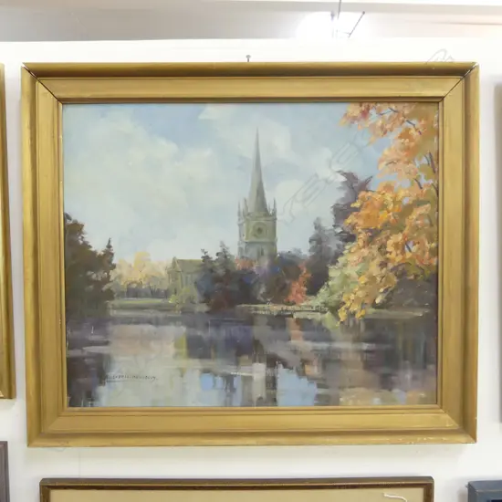 R. LEITCH-HENNESSY 'AVON & HOLY TRINITY CHURCH' OIL ON BOARD 445x550mm FRAME FAULTED