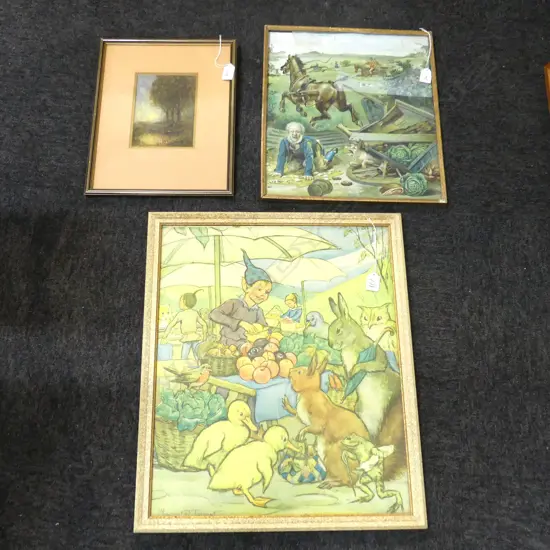 3 ARTWORKS; WC 170x120mm, 2 PRINTS; HORSE BOLTING CART AF, MARGARET W. TARRANT ELF MARKET 530x435mm