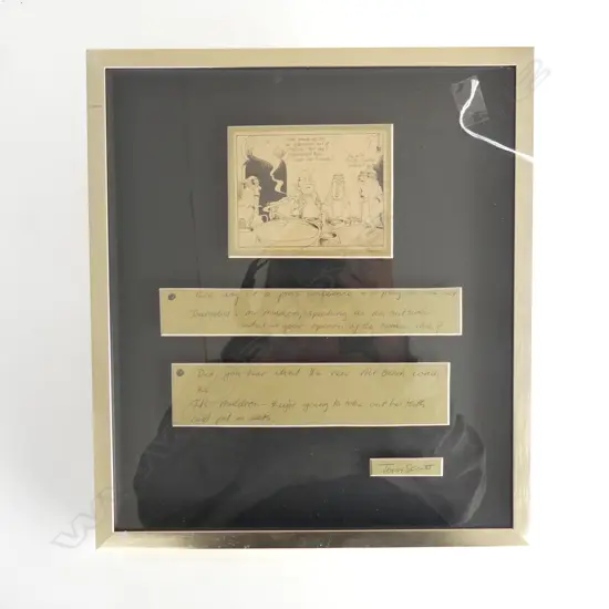 TOM SCOTT PRINTED CARTOON WITH HANDWRITTEN INSCRIPTIONS (SIGNED) - 340 X 300MM OVERALL