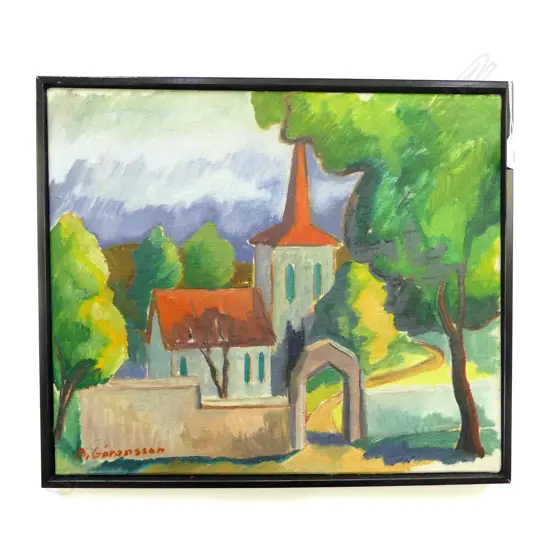 BROR GORANSSON (SWEDISH 1915-1971) SATILA KYRKA (CHURCH), OIL ON CANVAS 420x490mm