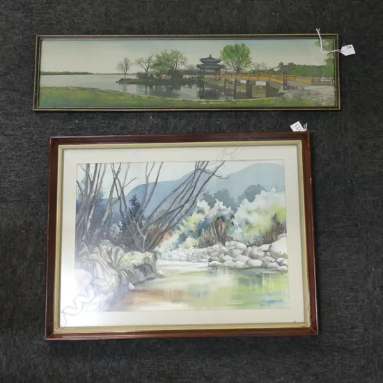 2 ARTWORKS; ORIENTAL LANDSCAPE FABRIC PANEL 170x710mm WC LANDSCAPE INITIALLED M.K.B. 340x490mm