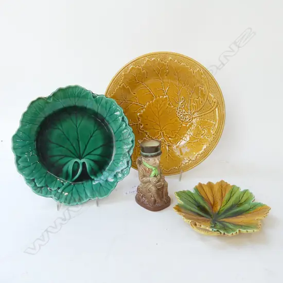 3 MAJOLICA LEAF PLATES 240mm dia (LG w. CHIPS) + R. DOULTON CHARACTER JUG H.110mm