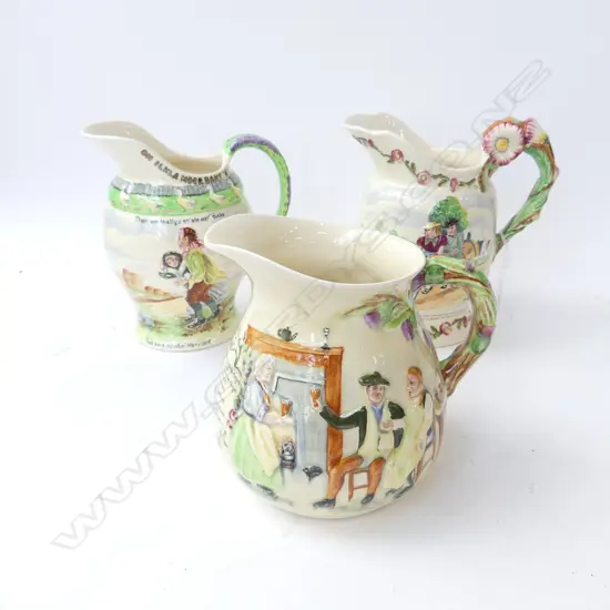 3 CROWN DEVON MUSICAL JUGS; AULD LANG SYNE, COORTIN' MARY JANE, DAISY BELL H.200mm