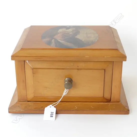 VINTAGE KAURI DRAWER w MAORI CHIEF ILLUSTRATION ON TOP, SIGNED CARL SIMM 1981 TO REAR