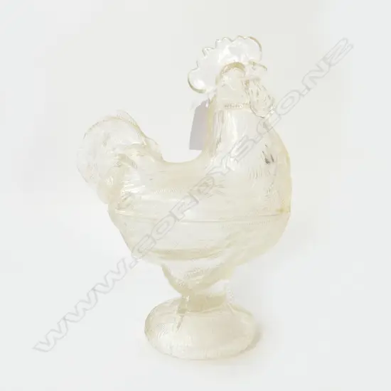 OLD PRESSED GLASS LIDDED CONTAINER AS ROOSTER. H. 220mm