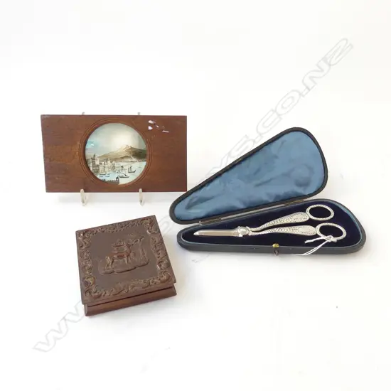 3 PCES; EP GRAPE SCISSORS IN ORIG. CASE, 19thC PHOTO FRAME, HAND PAINTED LANTERN SLIDE W.175mm