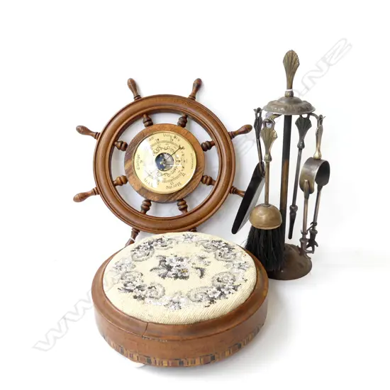 3 PCS, SHIPS WHEEL WALL BAROMETER, D412mm, VICTORIAN EMBROIDERED FOOTSTOOL & VINTAGE FIRE SIDE SET, H.400mm