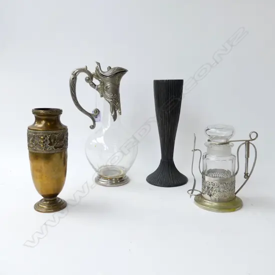 4 PCS, SOLID BRASS ART NOUVEAU VASE,  ARTS & CRAFTS BELDRAY BRASS VASE, VINTAGE CLARET JUG & PICKLE CASTOR (EDWARDIAN?)