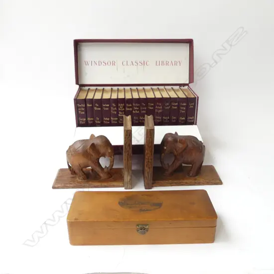 COMPLETE BOXED SET 'WINDSOR CLASSIC LIBRARY' c1930, PR MID CENTURY ELEPHANT BOOKENDS & VICTORIAN GLOVE BOX