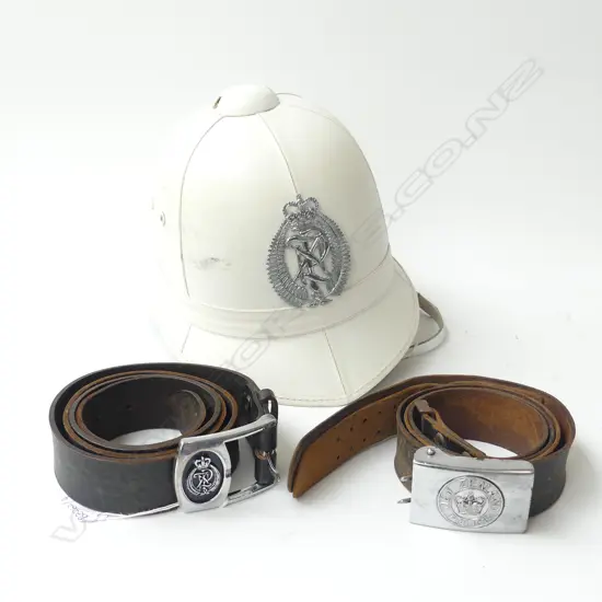 NZ POLICE SARGENTS WHITE HELMET ISSUED UNTIL 1995 + 2 NZP LEATHER BELTS