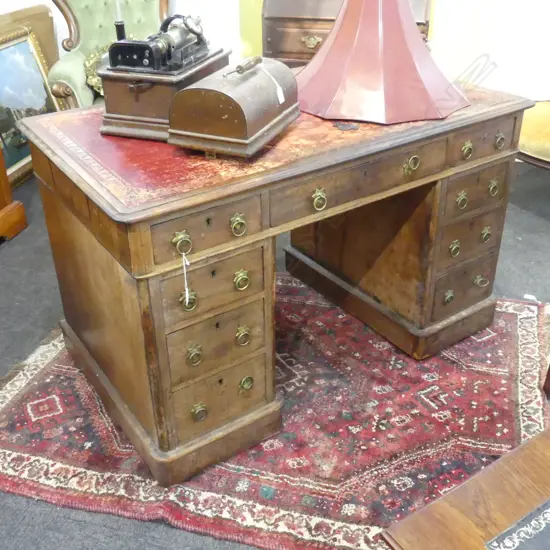 ANTIQUE DOUBLE PEDESTAL DESK - RED LEATHER TOP 1220x700mm FAULTS