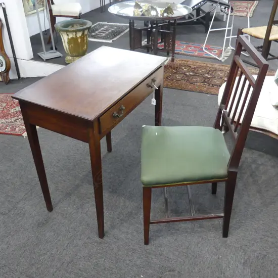 EARLY 20thC MAHOGANY TABLE 710x420x745mm INLAY LOSSES & CHAIR