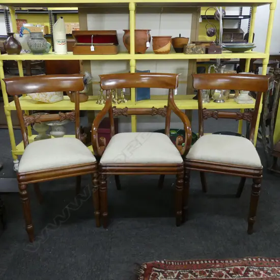 3 VICTORIAN MAHOGANY REUPHOLSTERED DINING CHAIRS - ARMS SNAPPED & MINOR BORER