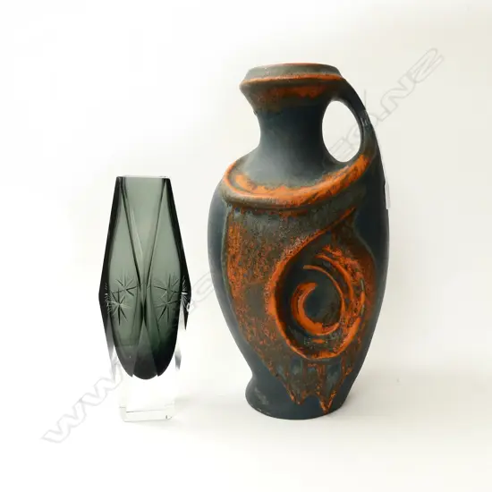 LG RETRO GERMAN CERAMIC VASE H.430mm REPAIRED + GLASS VASE H.300mm CHIPS