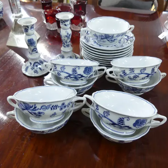 9 BLUE DANUBE COUPES & SAUCERS 170mm dia + PR CANDLESTICKS H.160mm