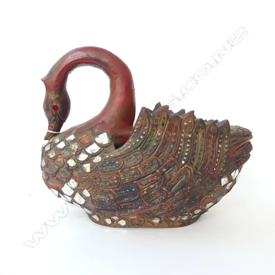 ORIENTAL DECORATED CARVED WOODEN SWAN L.360mm