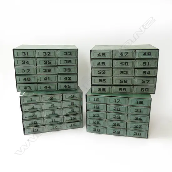 4 VINTAGE GREEN METAL NUMBERED DRAWERS 245x160x170mm each