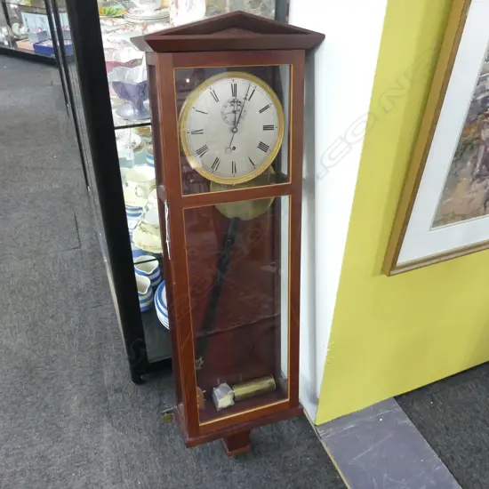 EDWARDIAN MAHOGANY REGULATOR WALL CLOCK. SUBSIDIARY SECONDS DIAL TEMPLE TOP AND EBONY PENDULUM SUPPORT. 330X115X980mm
