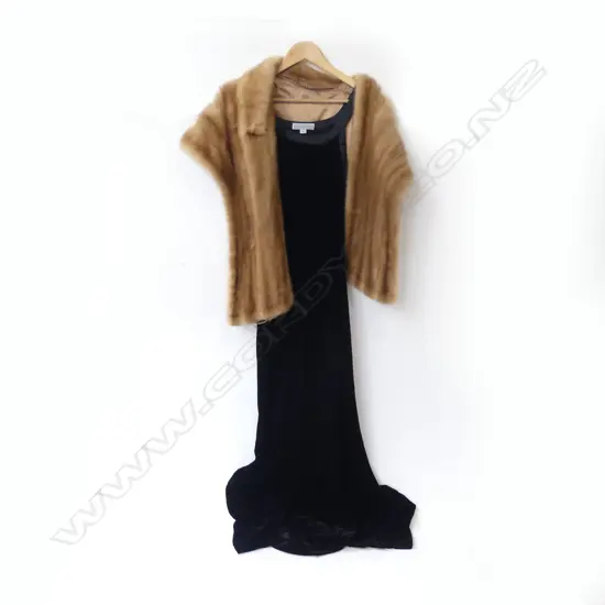 FUR STOLE + BLACK VELVET DRESS (PEPPERTREE SIZE 16)